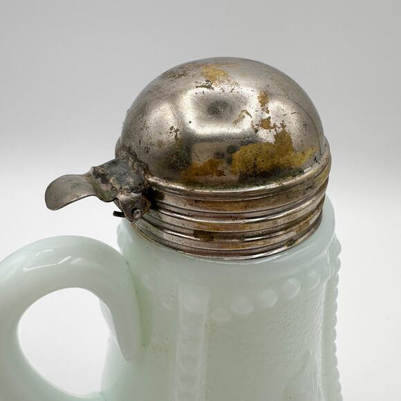 Antique Blue Milk Glass Syrup Pitcher with Tin Lid Victorian Embossed - Picture 8 of 13